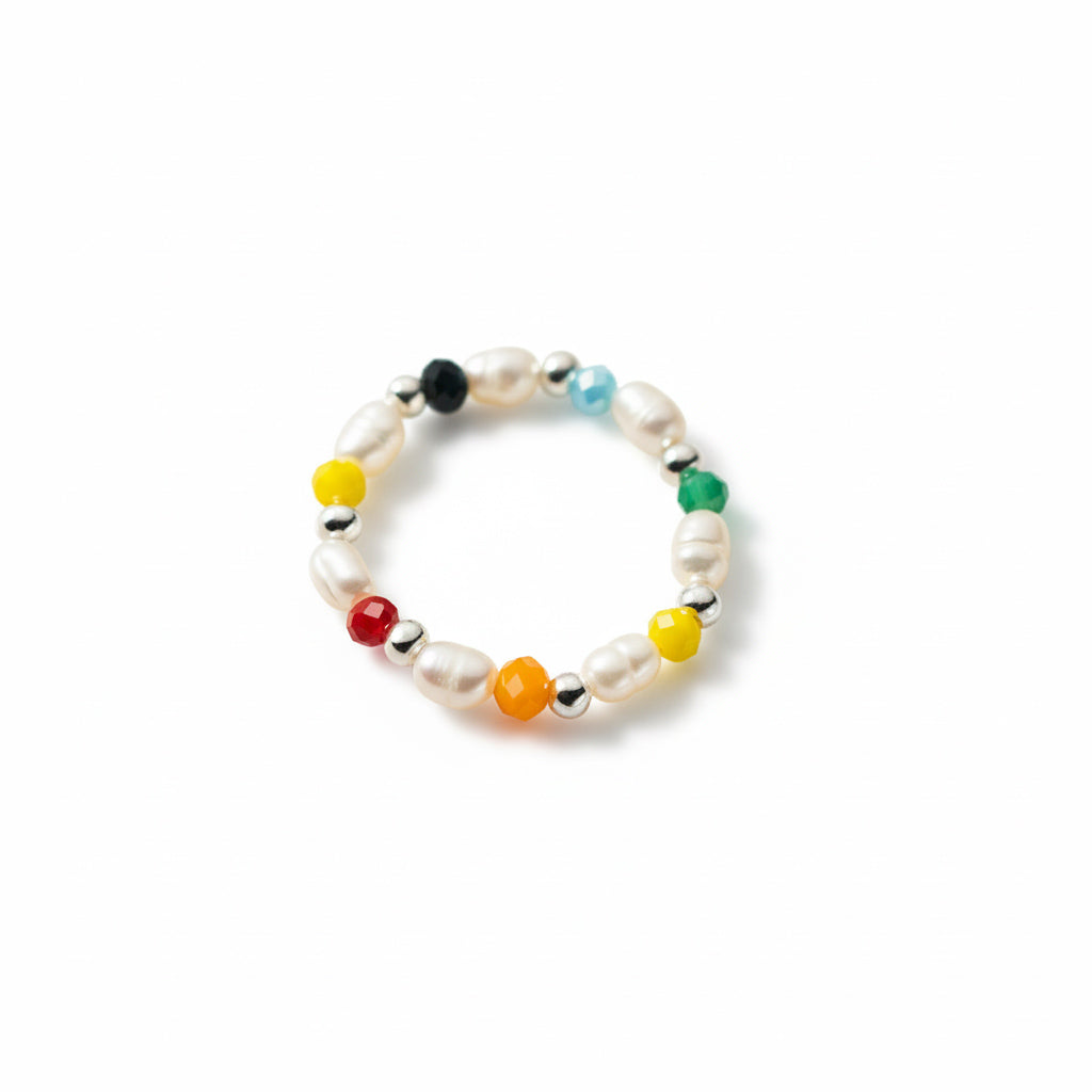 Irregular Pearl Multicolor Synthetic Crystal Elastic Beaded  S925 Silver Ring