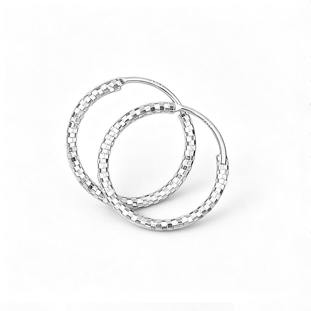 Geometric Textured  Sparkling Diamond Cut Circle Design  925 Sterling Silver  Hoop Earrings