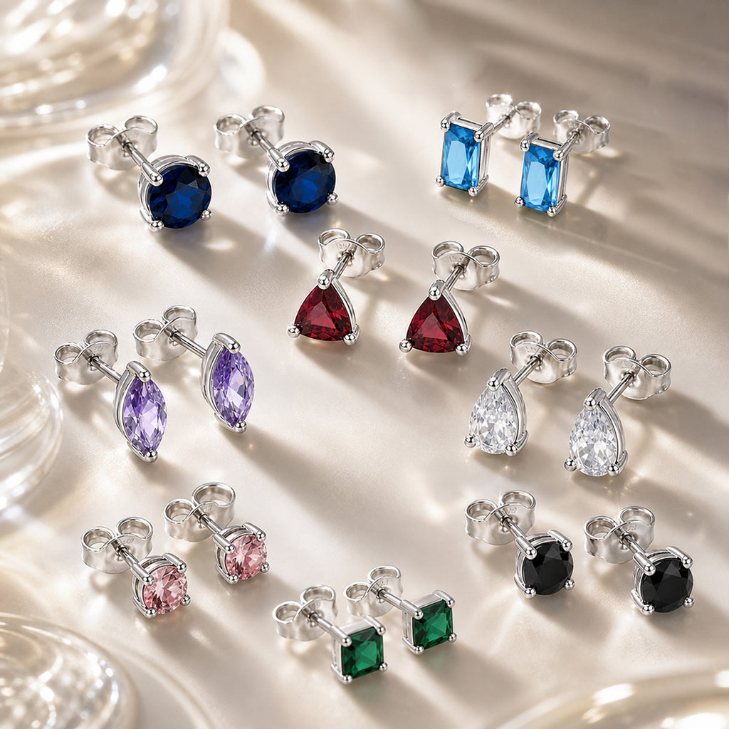 925 Sterling Silver Personalized Birthstone Earrings - Custom Women Dainty Multi Shape CZ Stud Earring