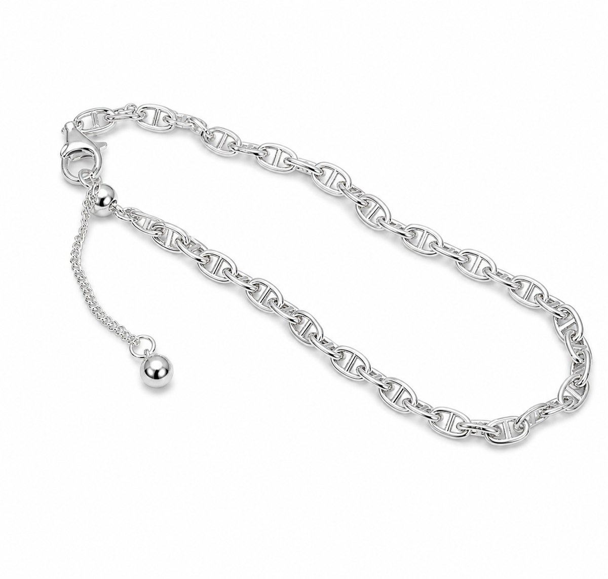 925 Sterling Silver Geometric Pig Nose Adjustable Sliding Chain Bracelet