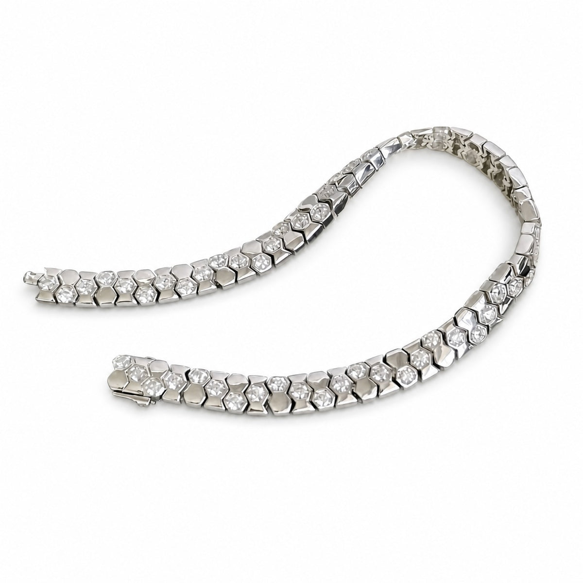 925 Sterling Silver Zirconia Hexagonal Wide Snake Bone Geometric Link Bracelet