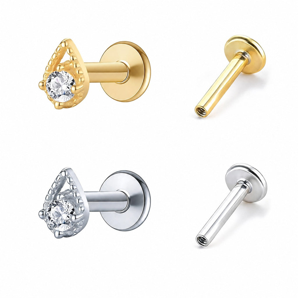 Teardrop Cubic Zirconia 925 Sterling Silver Internal Thread Flat Back Ear Stud Earrings(Single)