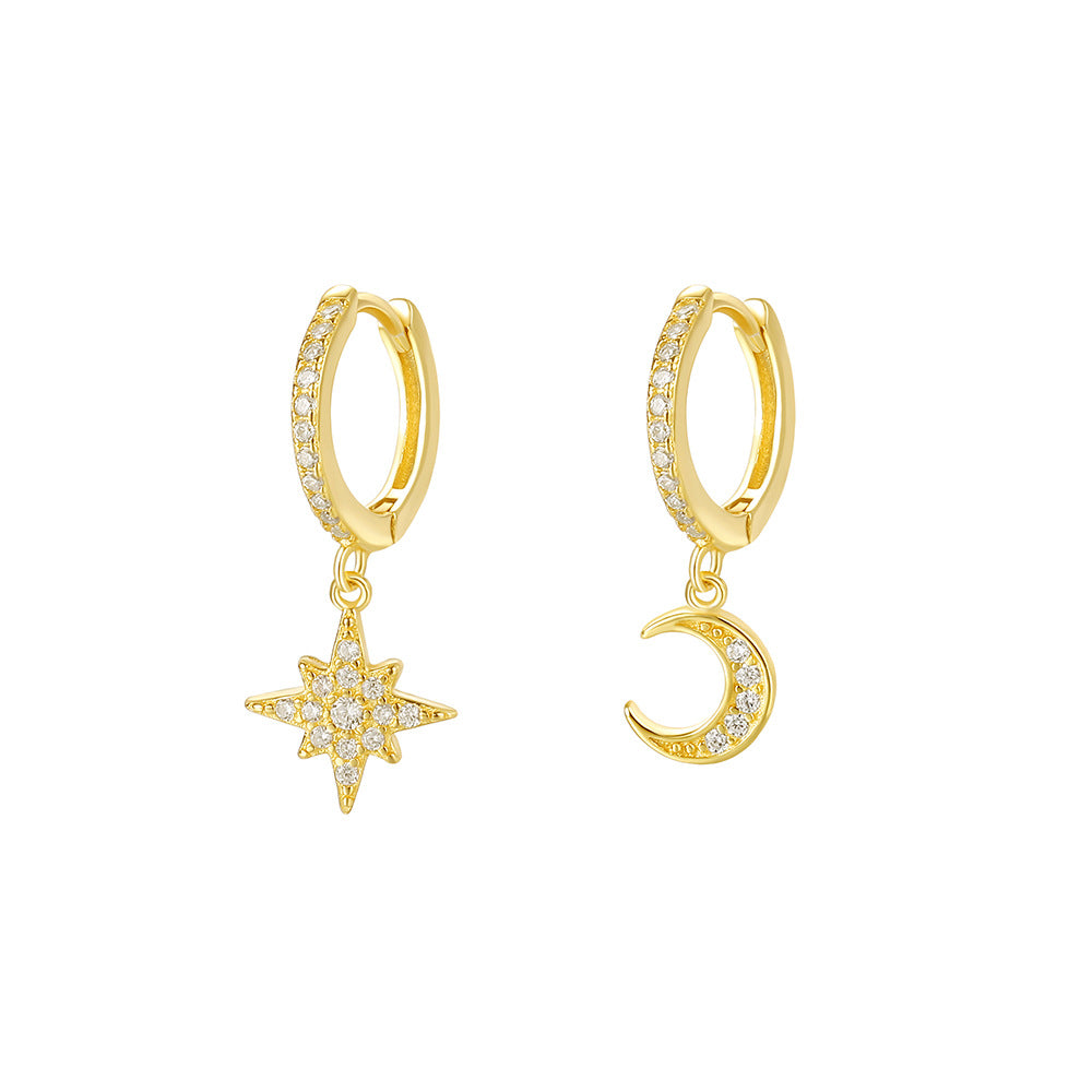 Women Irregular CZ Crescent Moon Star 925 Sterling Silver Dangling Earrings
