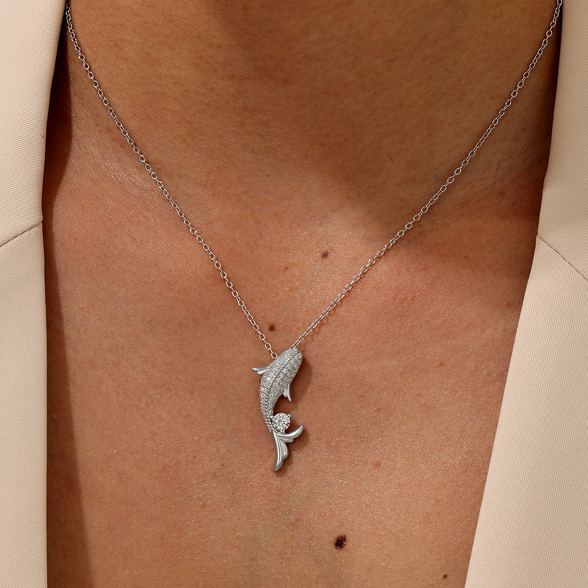 Dolphin White Moissanite 925 Sterling Silver Pendant Necklace