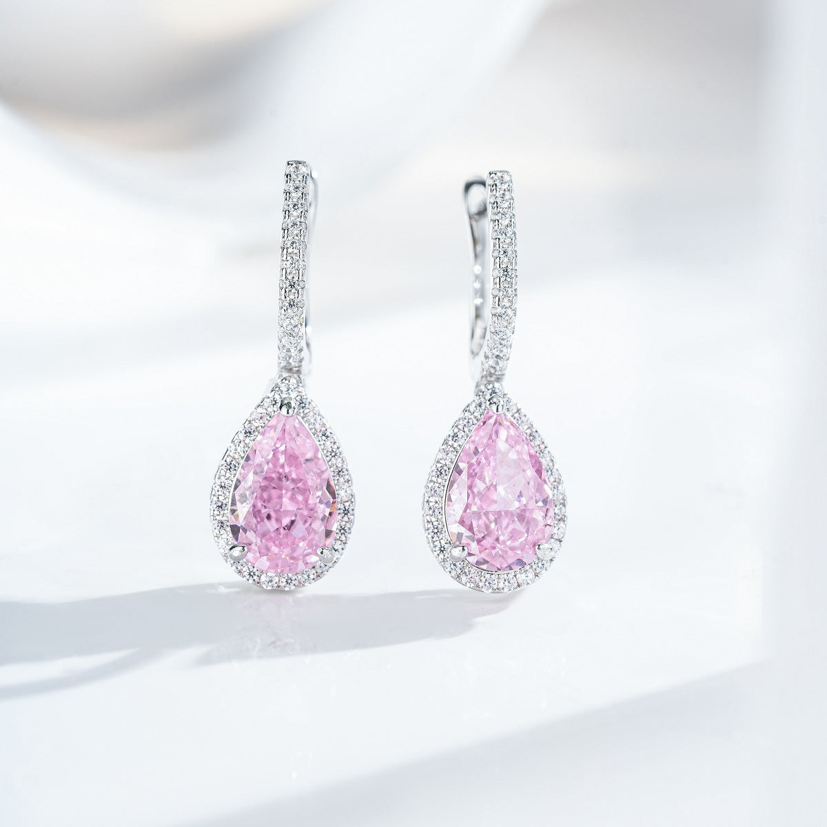 Elegant Waterdrop Shape Cubic Zirconia 925 Sterling Silver Drop Earrings for Women in Pink and Yellow Gem Colors with High-Quality Electroplating for Fashionable and Luxurious Look