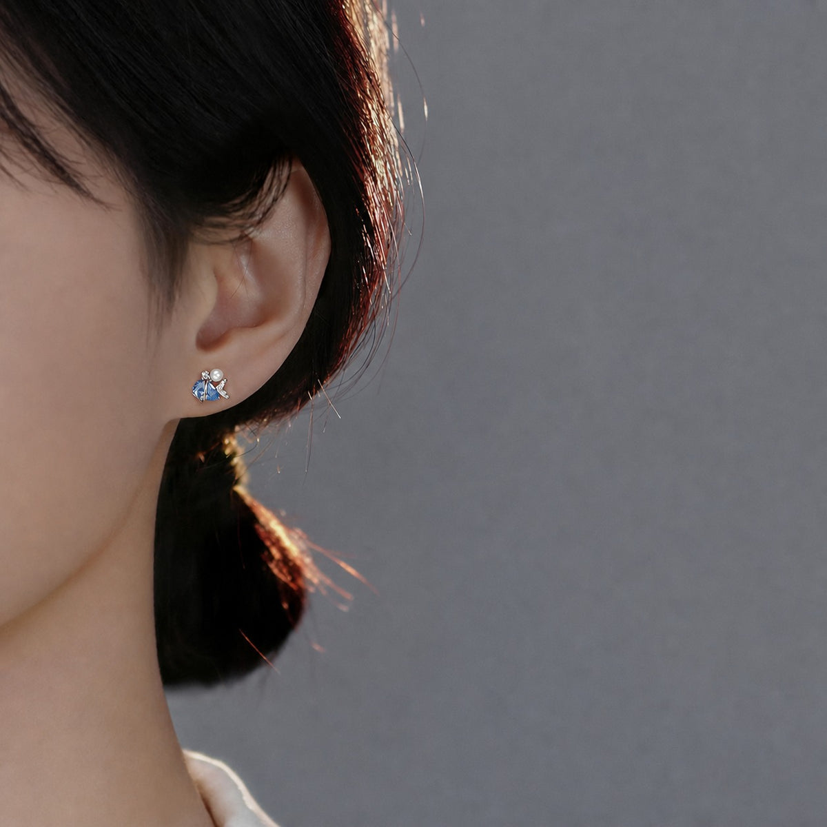 Asymmetrical Dolphin Mermaid Tail Blue Cubic Zirconia S925 Sterling Silver Ear Stud Earrings
