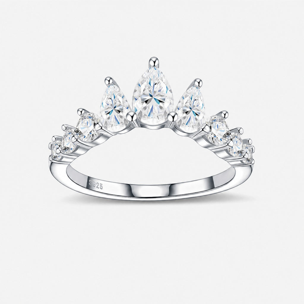 Anillo minimalista de corona con ola y perla de moissanita en plata esterlina 925