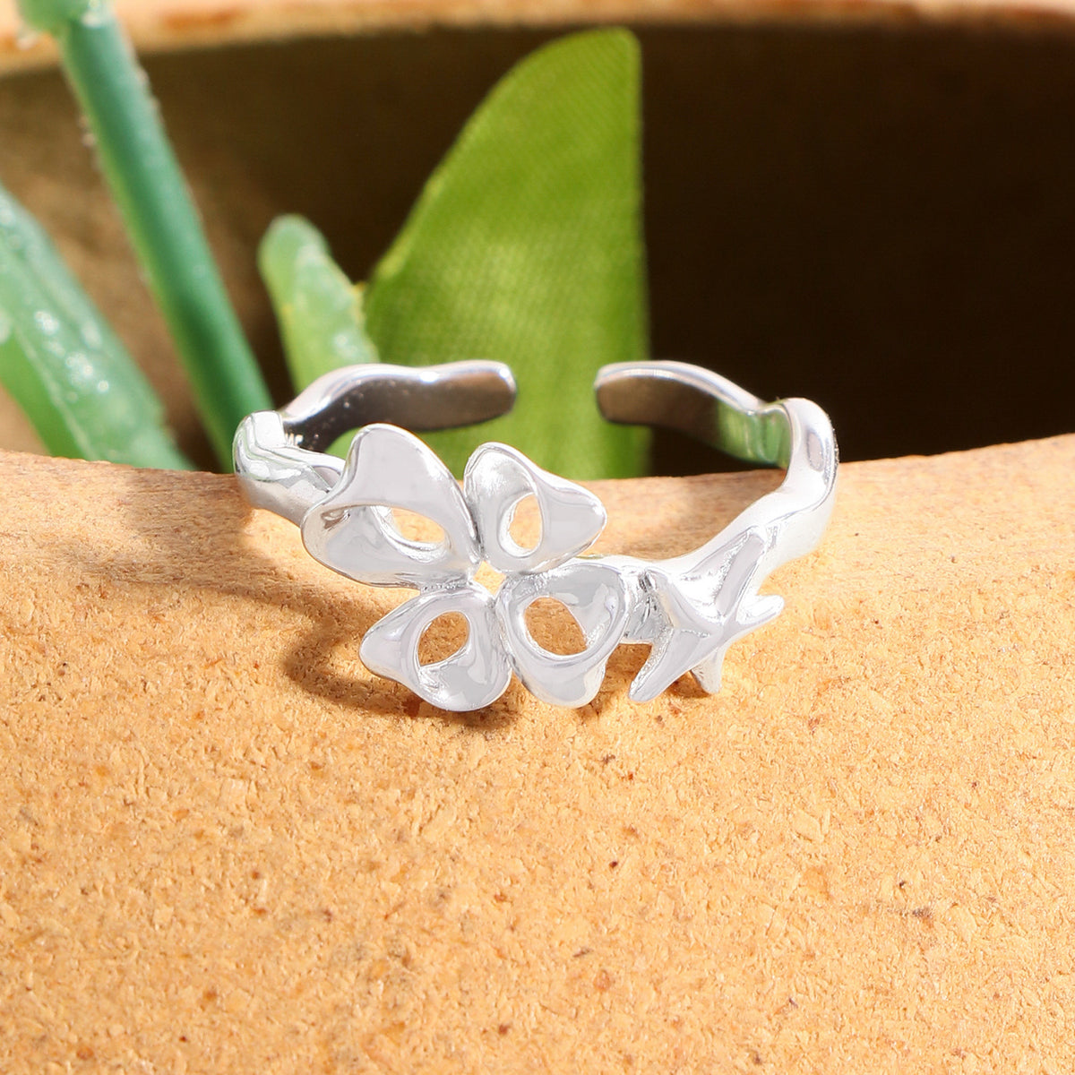 Office Irregular Hollow Heart Star 925 Sterling Silver Adjustable Ring