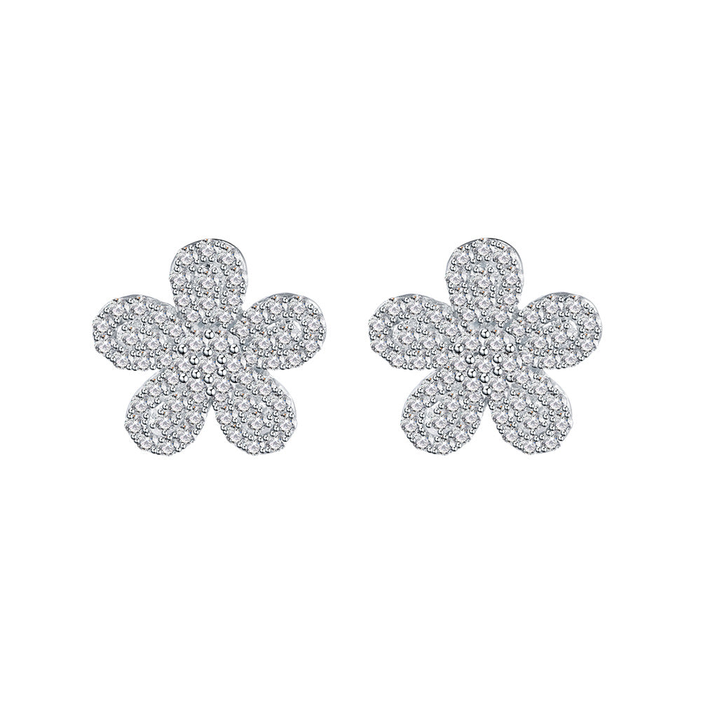 Silver Six Petal Flower Cubic Zirconia Micro Pave S925 Sterling Silver Delicate Floral DesignStud Earrings