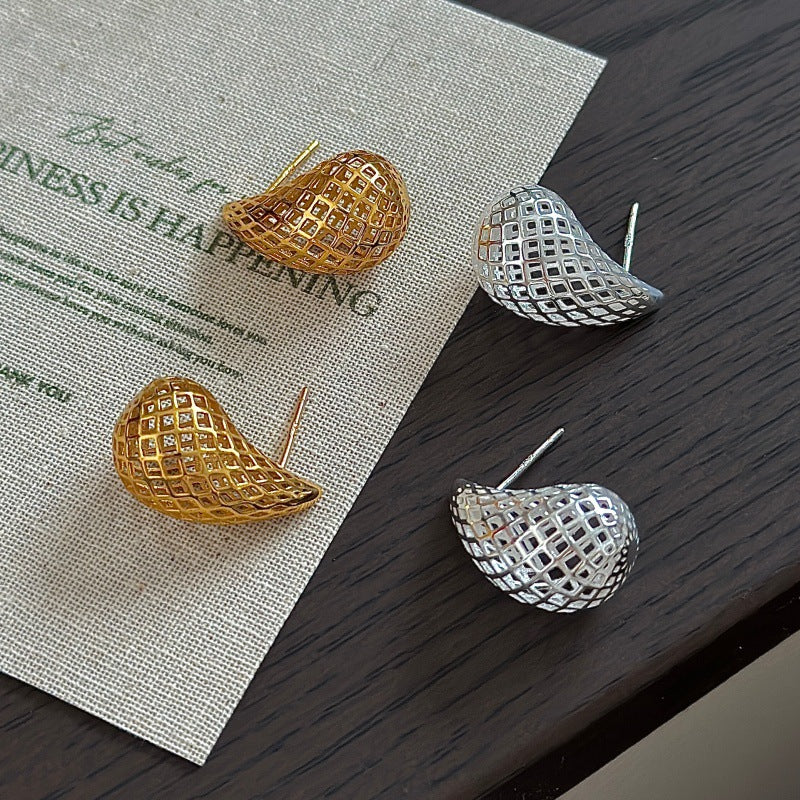 Geometric Water Drop Fashion Hollow Teardrop Mesh Lattice 925 Sterling Silver Stud Earrings