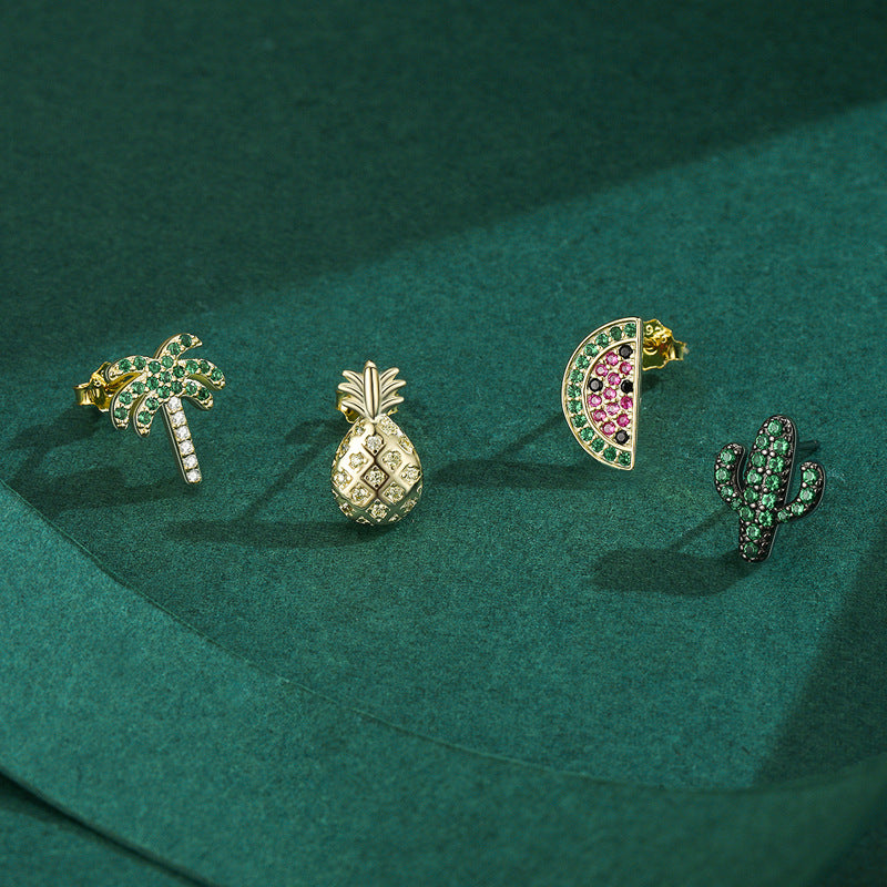 Arete individual de plata de ley 925 con circonia cúbica y patrón tropical de hoja de piña en forma de árbol de palma granada
