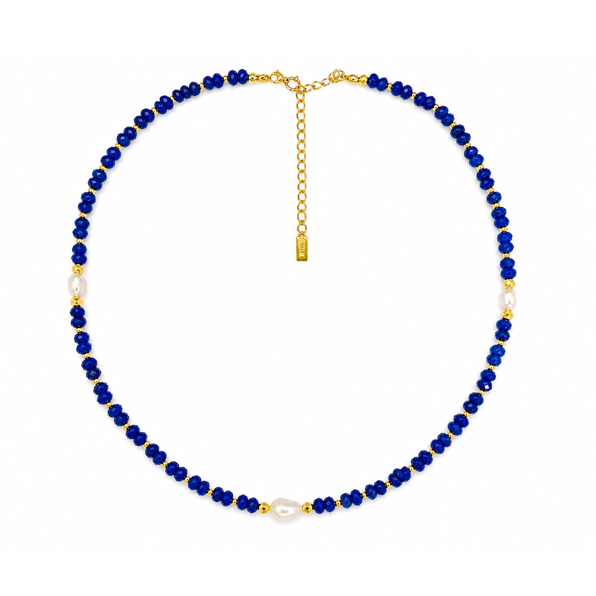 Elegant Royal Blue Faceted Agate Baroque Freshwater Pearl Beaded Adjustable 925 Sterling Silver Necklace
