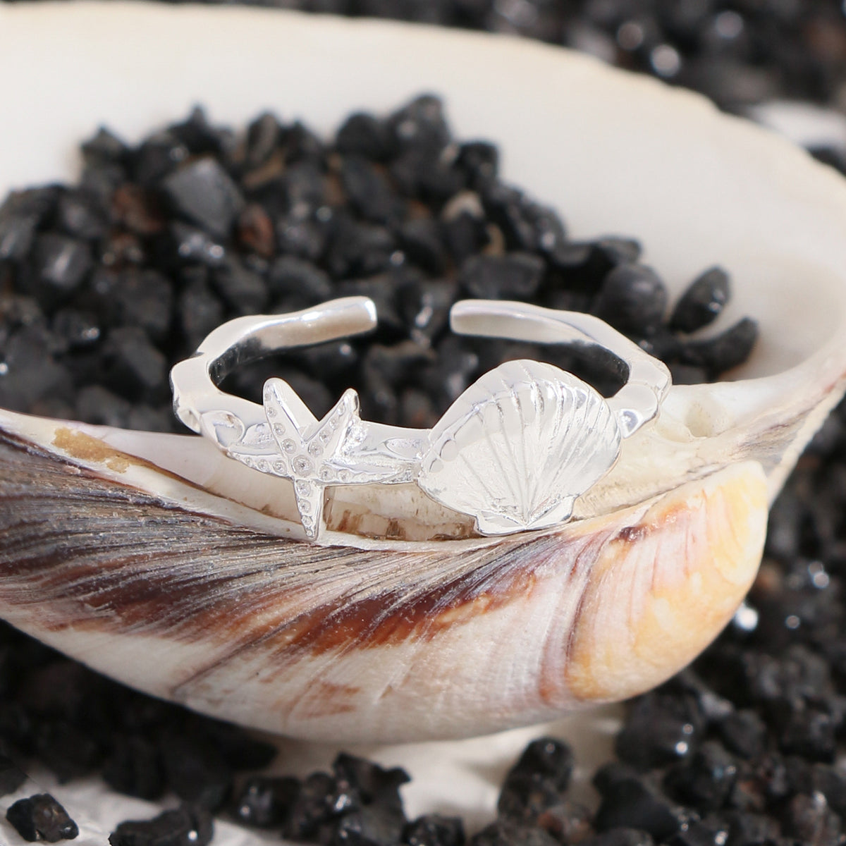 Holiday Sea Star Shell 925 Sterling Silver Adjustable Ring