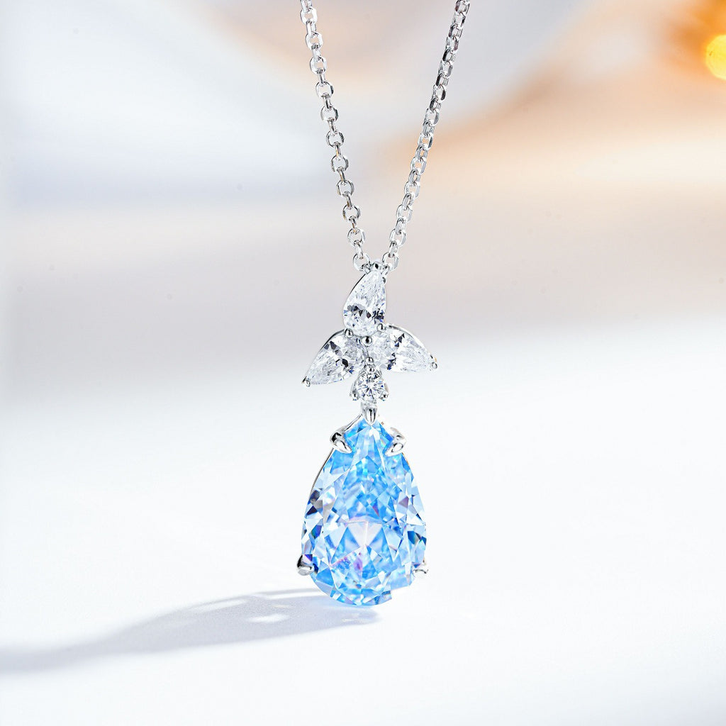 Elegant Teardrop Cubic Zirconia Pendant Necklace with 925 Sterling Silver Chain for Women Fashion Jewelry in Pink Blue and Yellow Variants