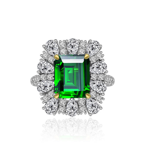 Anillo de plata S925 con corona halo de circonia esmeralda sintética cortada en esmeralda verde