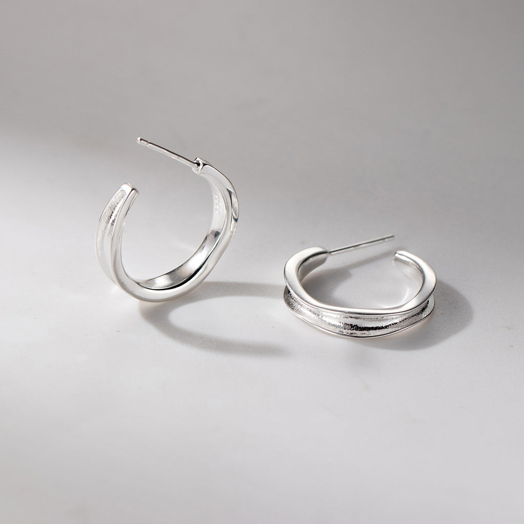 Silver Concave Geometric C S925 Sterling Silver Shape Hoop Earrings