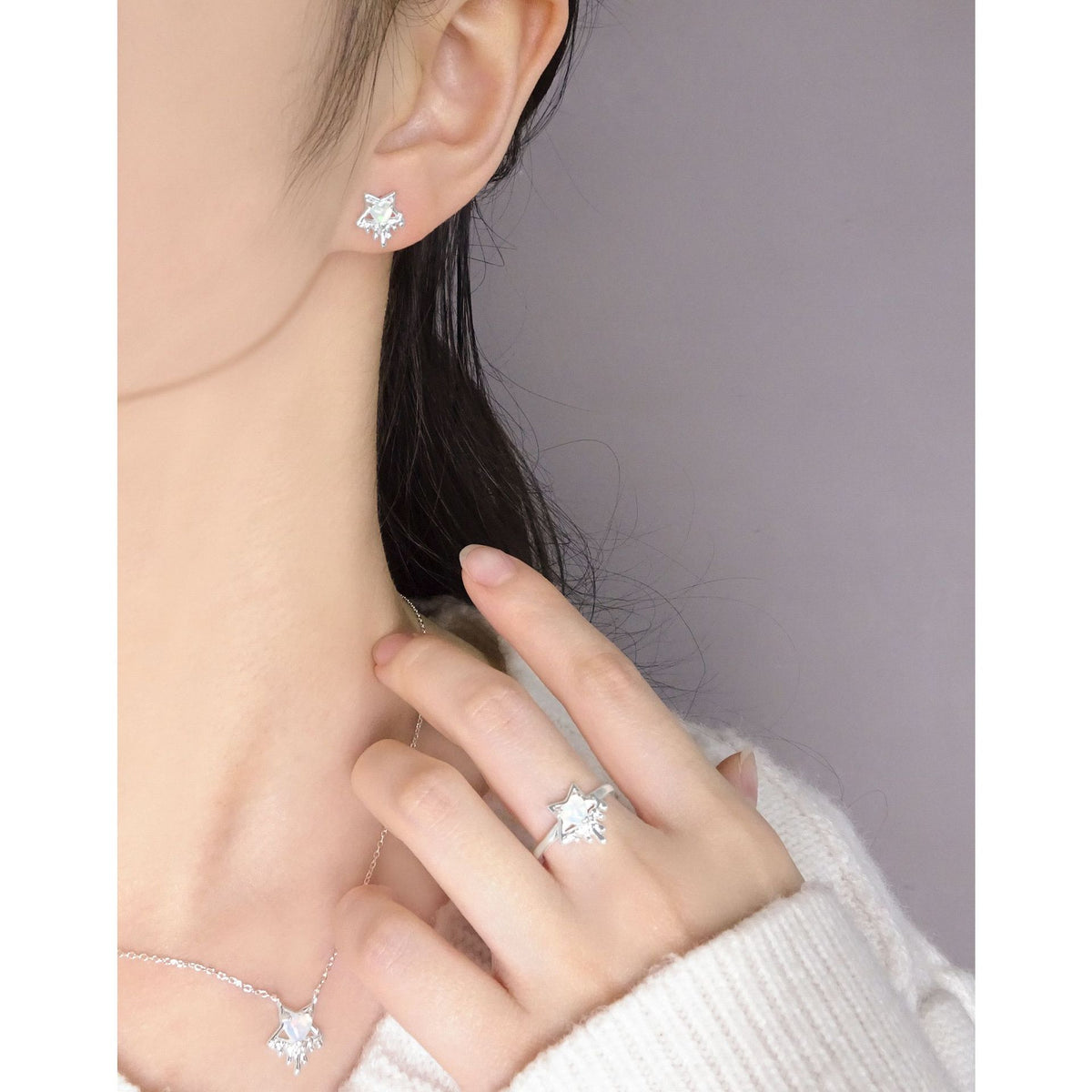 Elegant Fashion Heart Shining Star Design Opal 925 Sterling Silver Stud Earrings