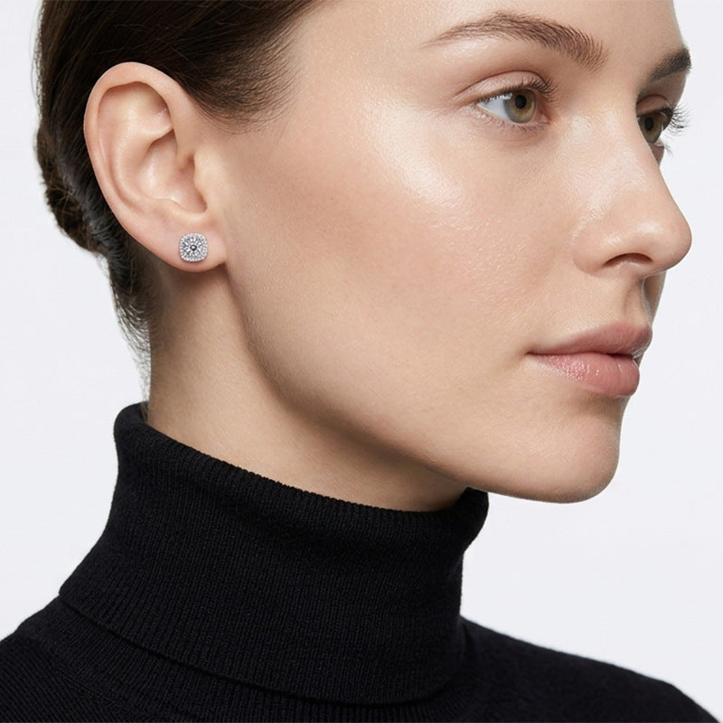 Square Cushion Halo Moissanite White 925 Sterling Silver Geometric Ear Stud Earrings