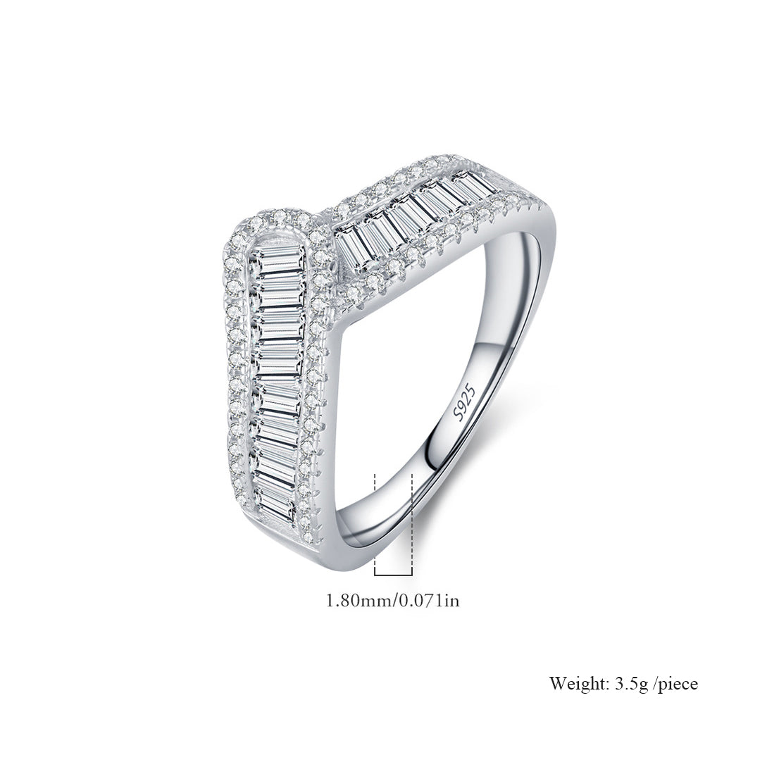 Elegant Geometric Baguette Cut Cubic Zirconia 925 Sterling Silver Statement Ring for Women, Unique Design with Sparkling Stones for Party, Anniversary, Gift, or Daily Wear