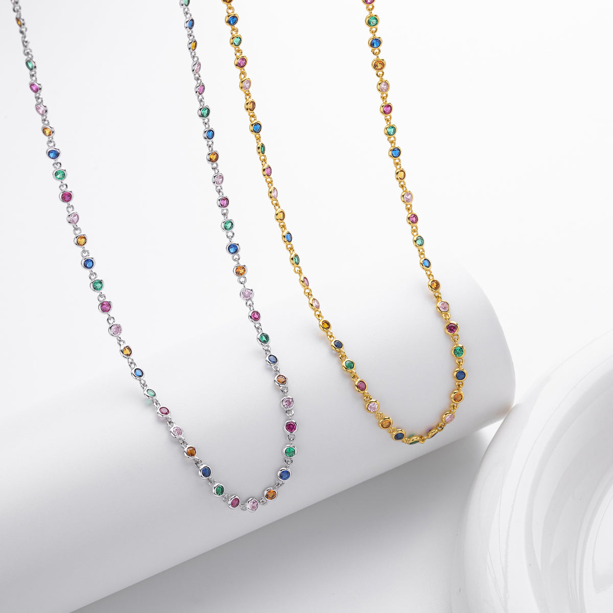 Colorful Cubic Zirconia Geometric Pattern 925 Sterling Silver Chain Necklace