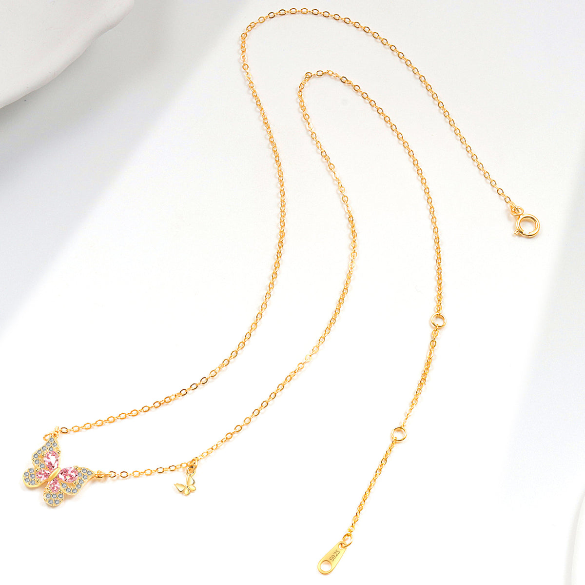 Butterfly Design Elegant Pink Cubic Zirconia 925 Sterling Silver Pendant Necklace