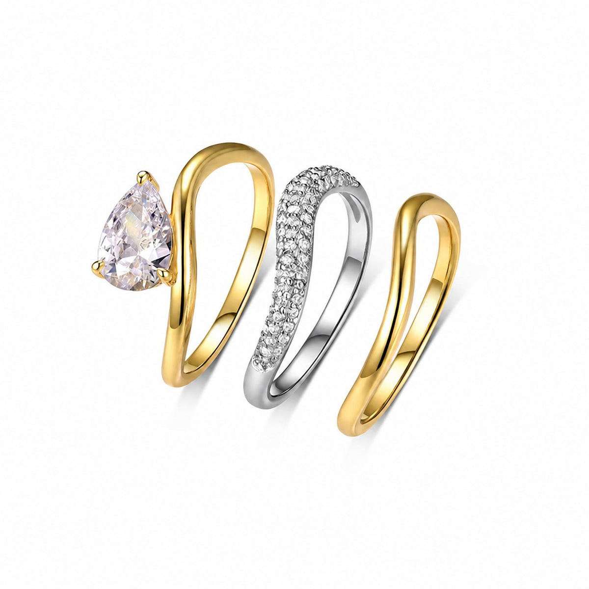 Three Piece Teardrop Shaped Cubic Zirconia Set Stackable 925 Sterling Silver Rings