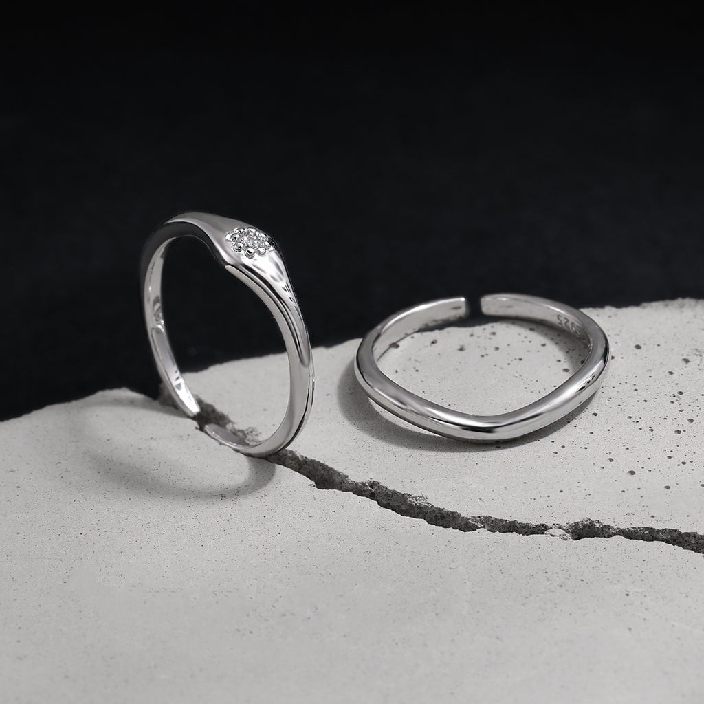 Minimalist Modern Geometric Wave 925 Sterling Silver Ring with Cubic Zirconia Adjustable Ring