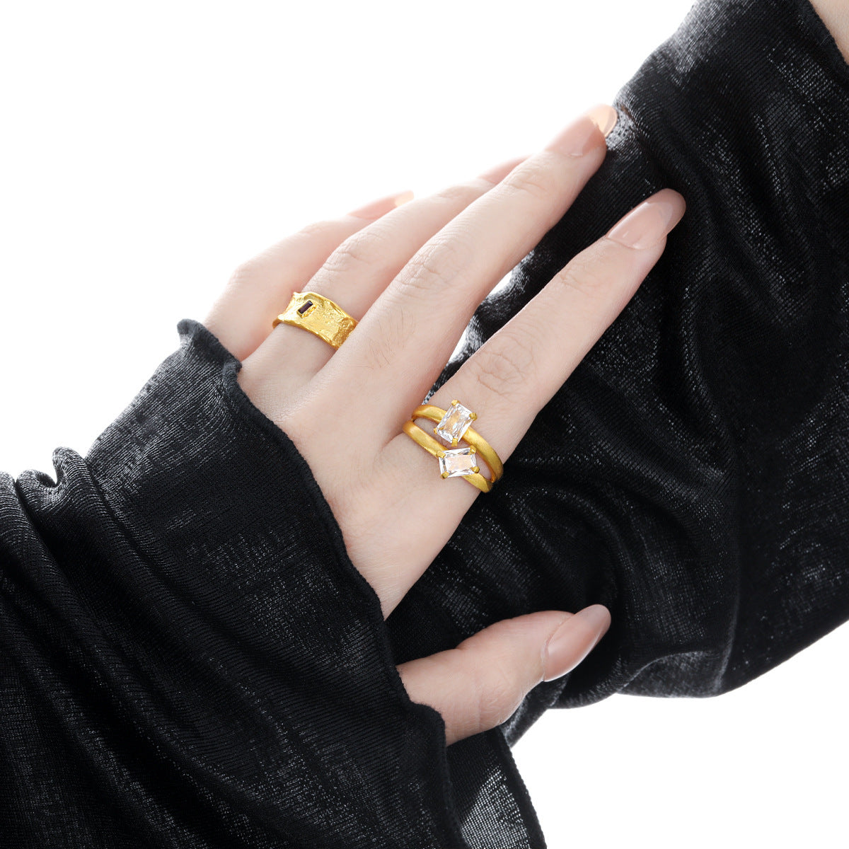 Geometry Double Layers Baguette CZ 925 Sterling Silver Adjustable Ring