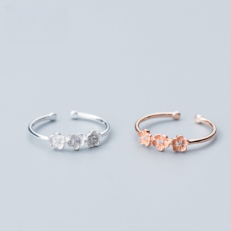 Triple Cherry Blossom Flower Cubic Zirconia S925 Sterling Silver Adjustable Open Ring
