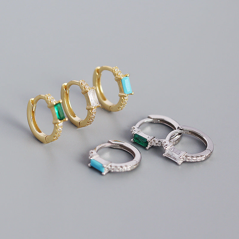 Elegant Geometric Design S925 Sterling Silver Hoop Earrings with Rectangular Cubic Zirconia for Women Fashion Jewelry in Multiple Colors