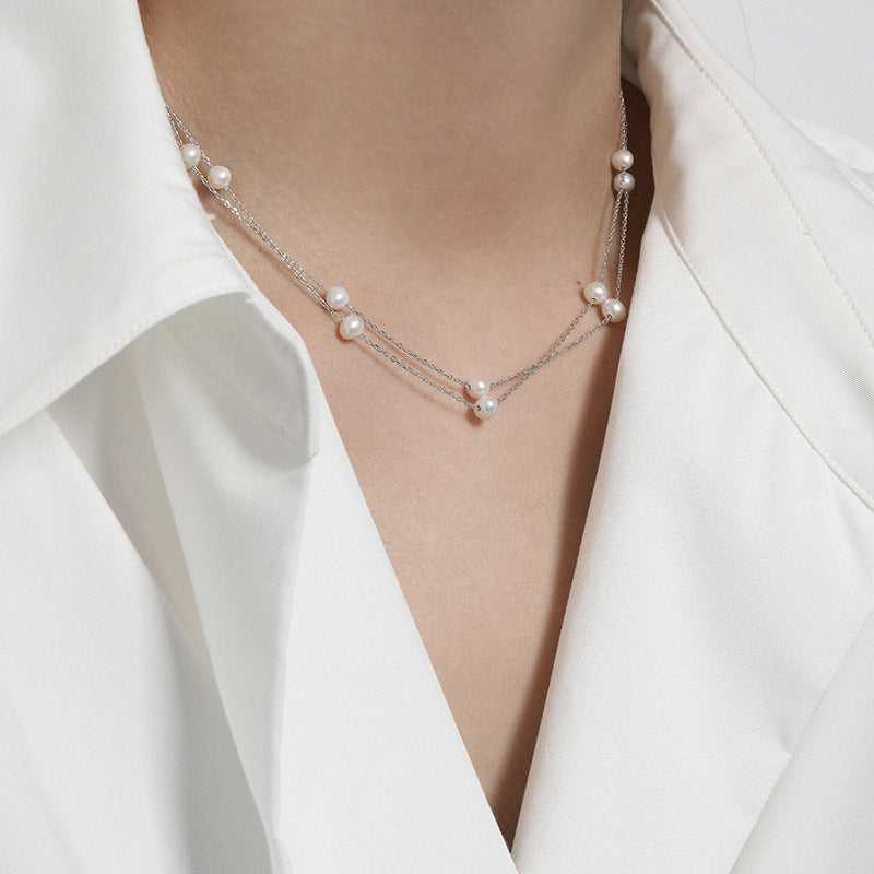 Collar de cadena geométrica de plata esterlina S925 con perlas de agua dulce de doble capa