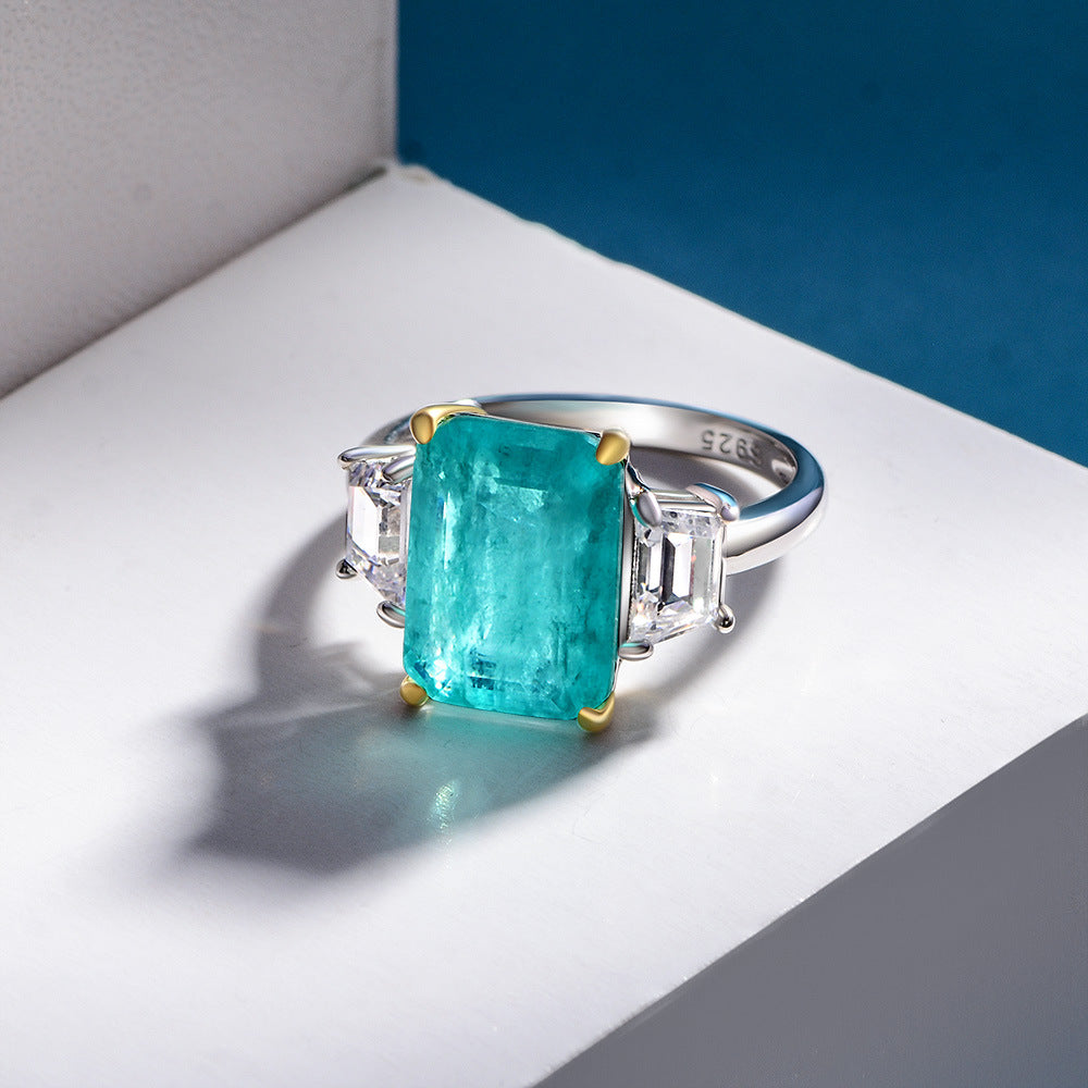Anillo de tres piedras de plata esterlina 925 con zafiro sintético azul Paraíba rectangular