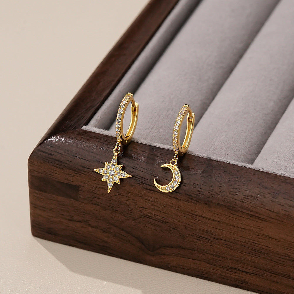 Women Irregular CZ Crescent Moon Star 925 Sterling Silver Dangling Earrings