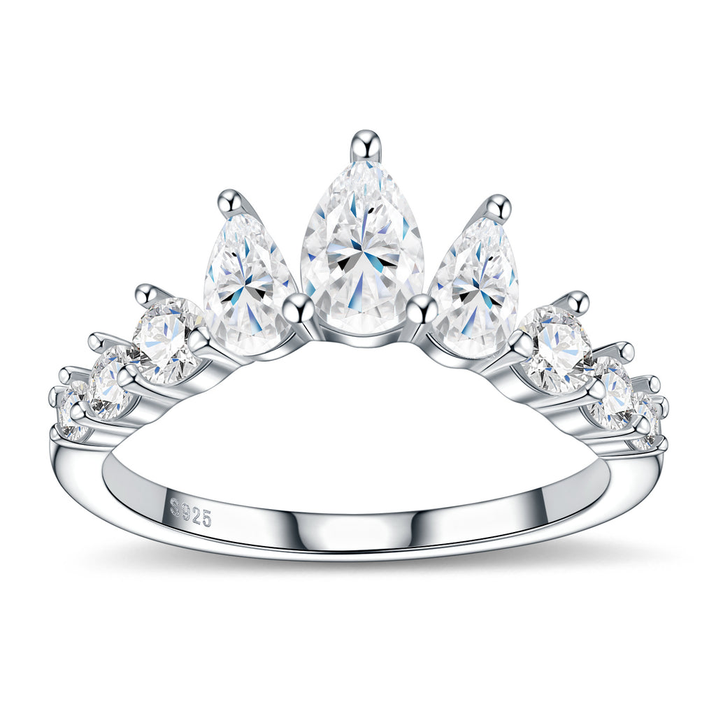 Anillo minimalista de corona con ola y perla de moissanita en plata esterlina 925