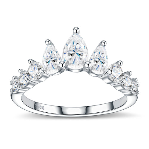 Anillo minimalista de corona con ola y perla de moissanita en plata esterlina 925
