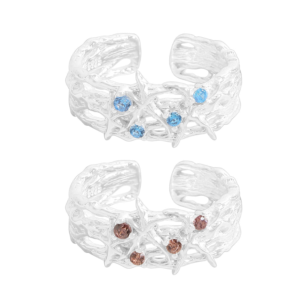 Fashion Double Layers CZ Starfish 925 Sterling Silver Adjustable Ring