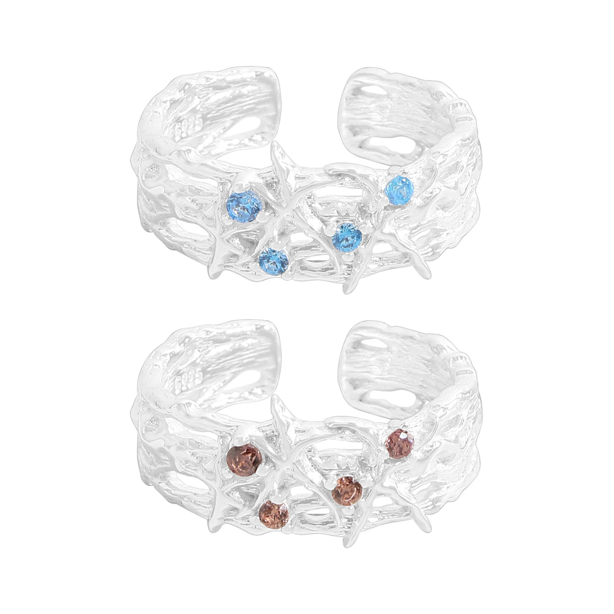 Fashion Double Layers CZ Starfish 925 Sterling Silver Adjustable Ring