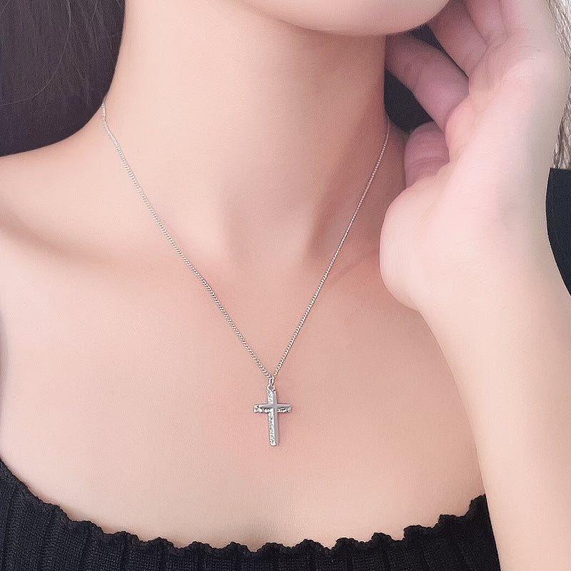 Elegant Unique Textured Design in 925 Sterling Silver Cross Pendant Necklace