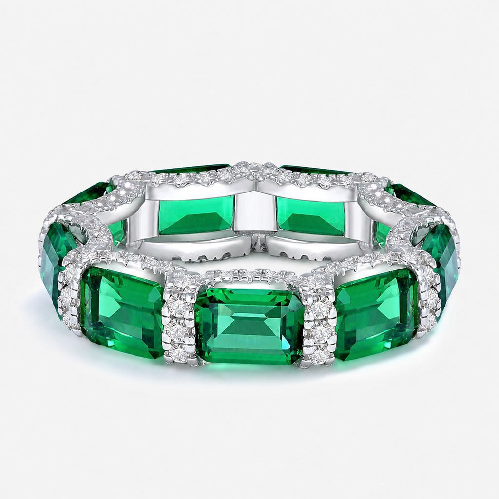 Anillo de Plata Esterlina 925 de Circonia Sintética Esmeralda Verde Corte Esmeralda de Eternidad de Círculo Completo