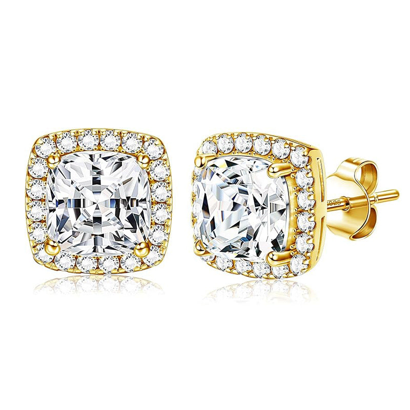 Modern Classic Statement Geometric Square Cushion Halo Cubic Zirconia 925 Sterling Silver Ear Stud Earrings