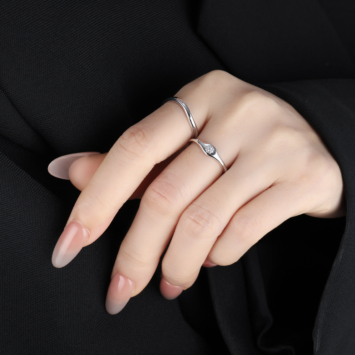 Minimalist Modern Geometric Wave 925 Sterling Silver Ring with Cubic Zirconia Adjustable Ring