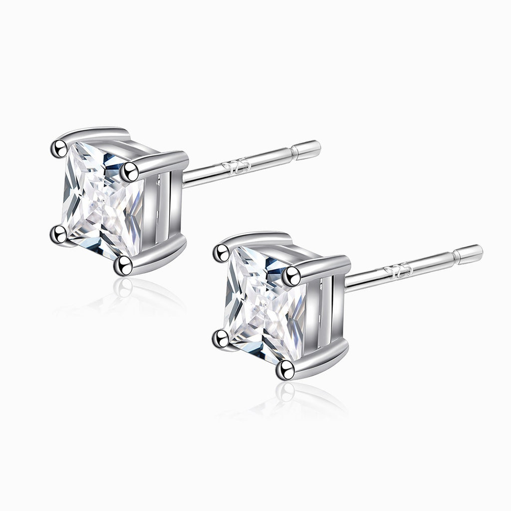Princess Cut Cubic Zirconia Four Prong 925 Sterling Silver Stud Earrings Geometric White Gold Color Minimal Unisex Earrings