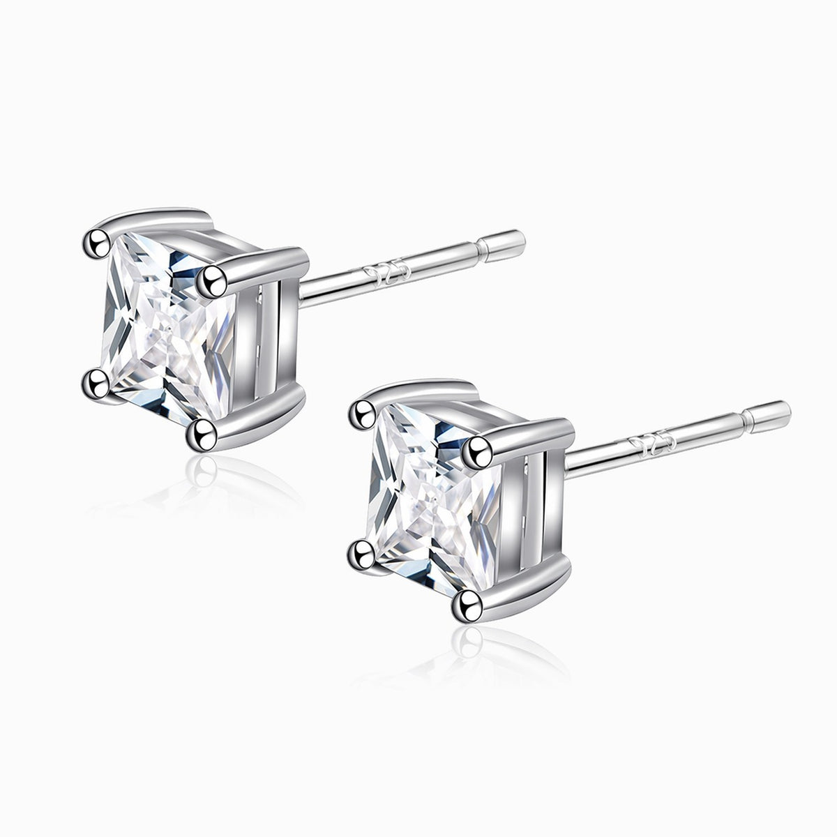 Princess Cut Cubic Zirconia Four Prong 925 Sterling Silver Stud Earrings Geometric White Gold Color Minimal Unisex Earrings