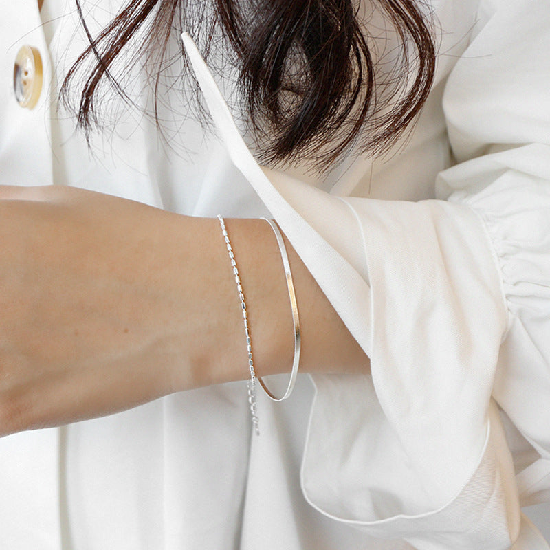 Minimalist Double Layer Snake Chain and Box Chain 925 Sterling Silver Bracelet