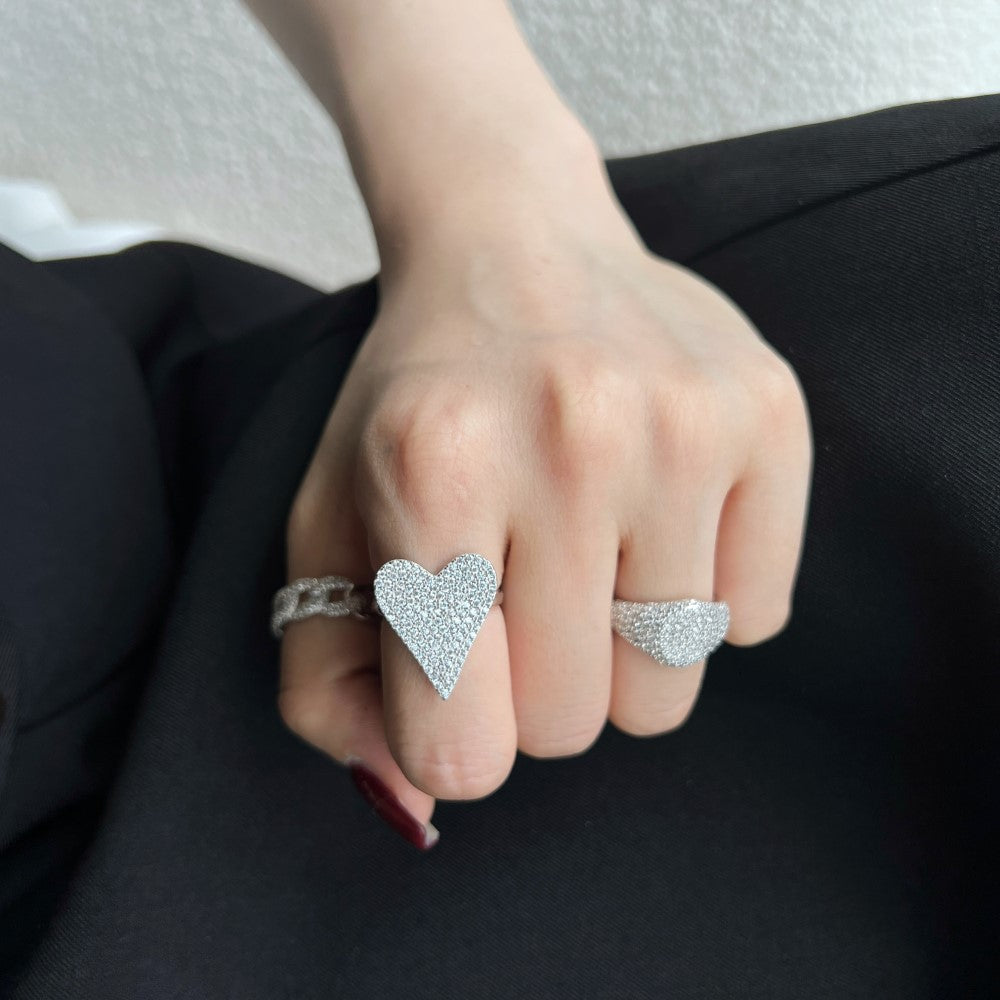Anniversary Micro Setting CZ Heart Claws 925 Sterling Silver Adjustable Ring