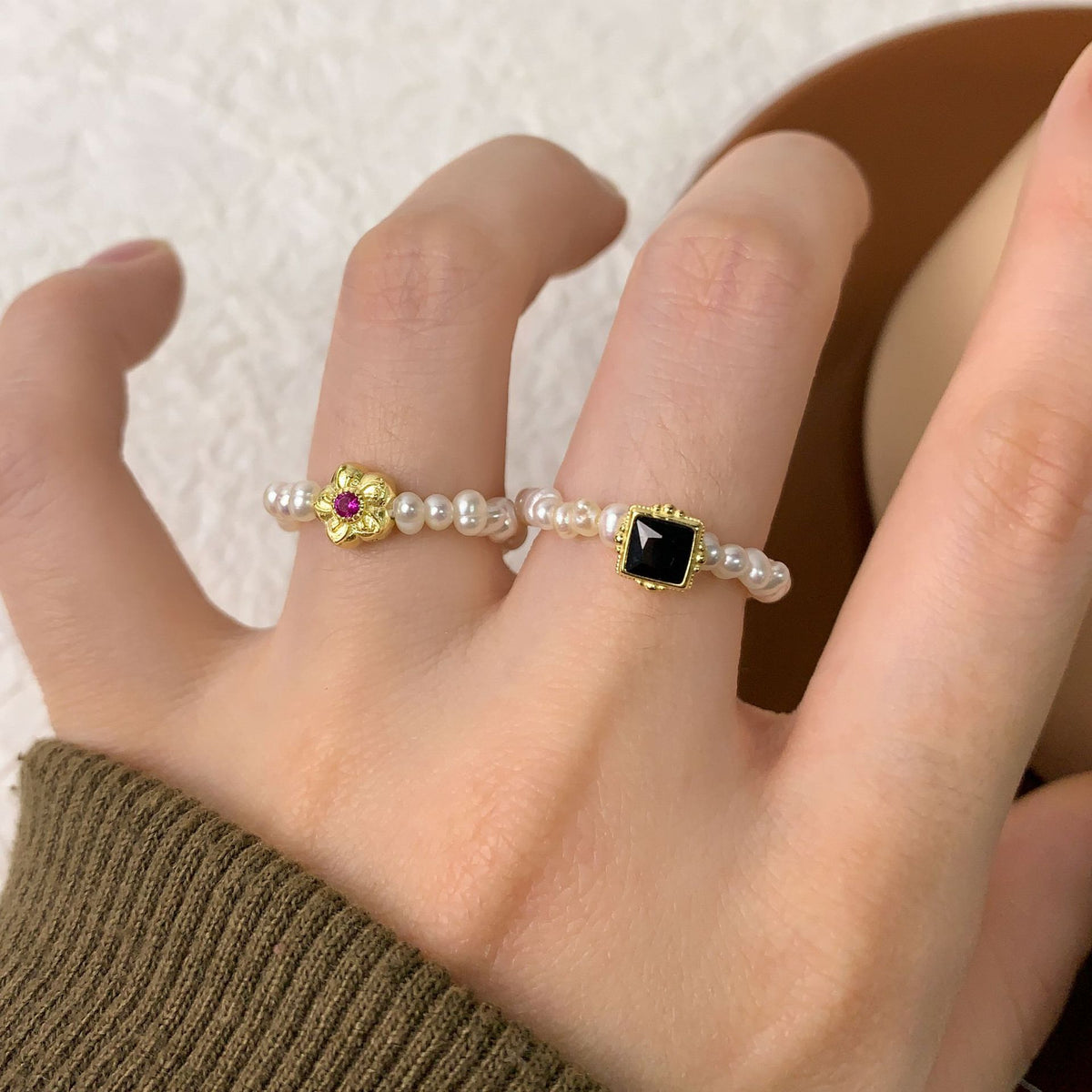 Women Elegant Black Square CZ Natural Pearls 925 Sterling Silver Ring