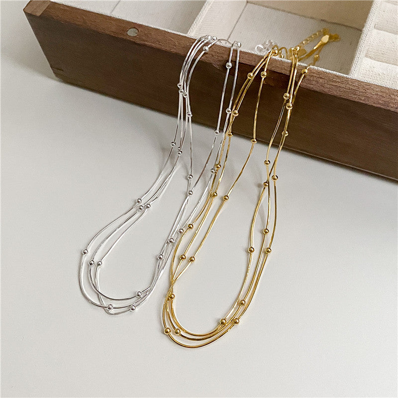 Three Layer Snake Chain Round Bead S925 Sterling Silver Necklace