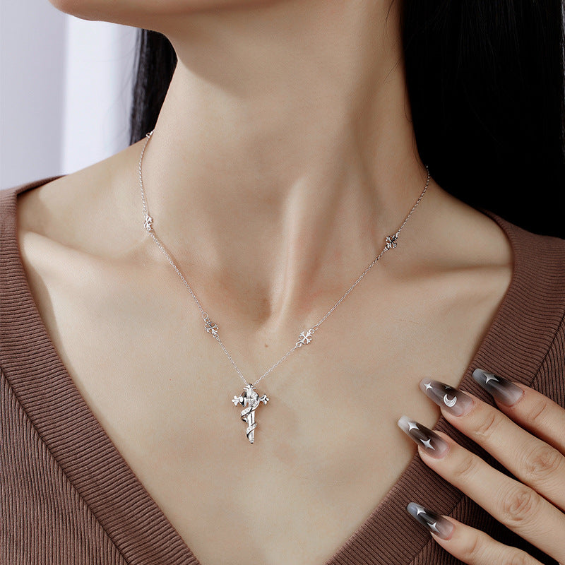 Elegant Fashion Clavicle Religious Cross Snake Cubic Zirconia 925 Sterling Silver Necklace O Chain Station Necklace