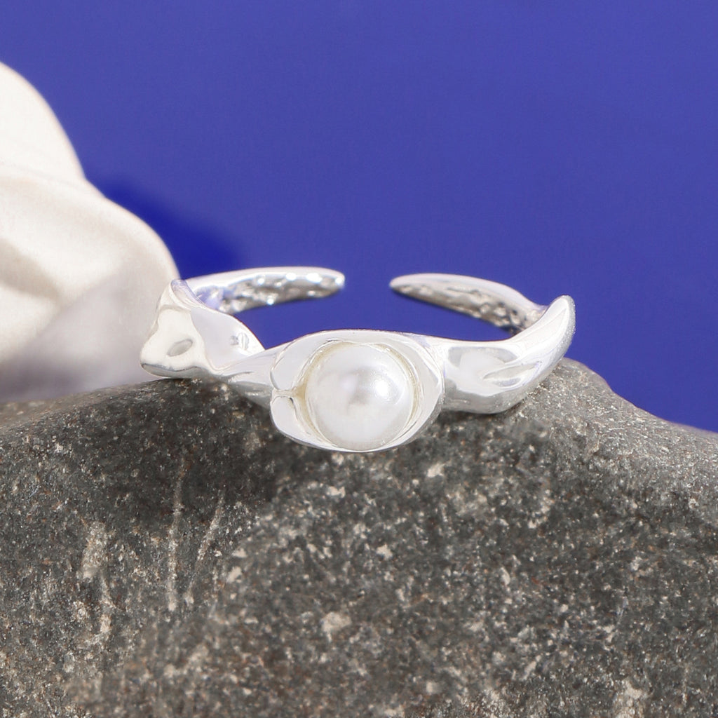 Women Gift Round Natural Pearl 925 Sterling Silver Twisted Adjustable Ring