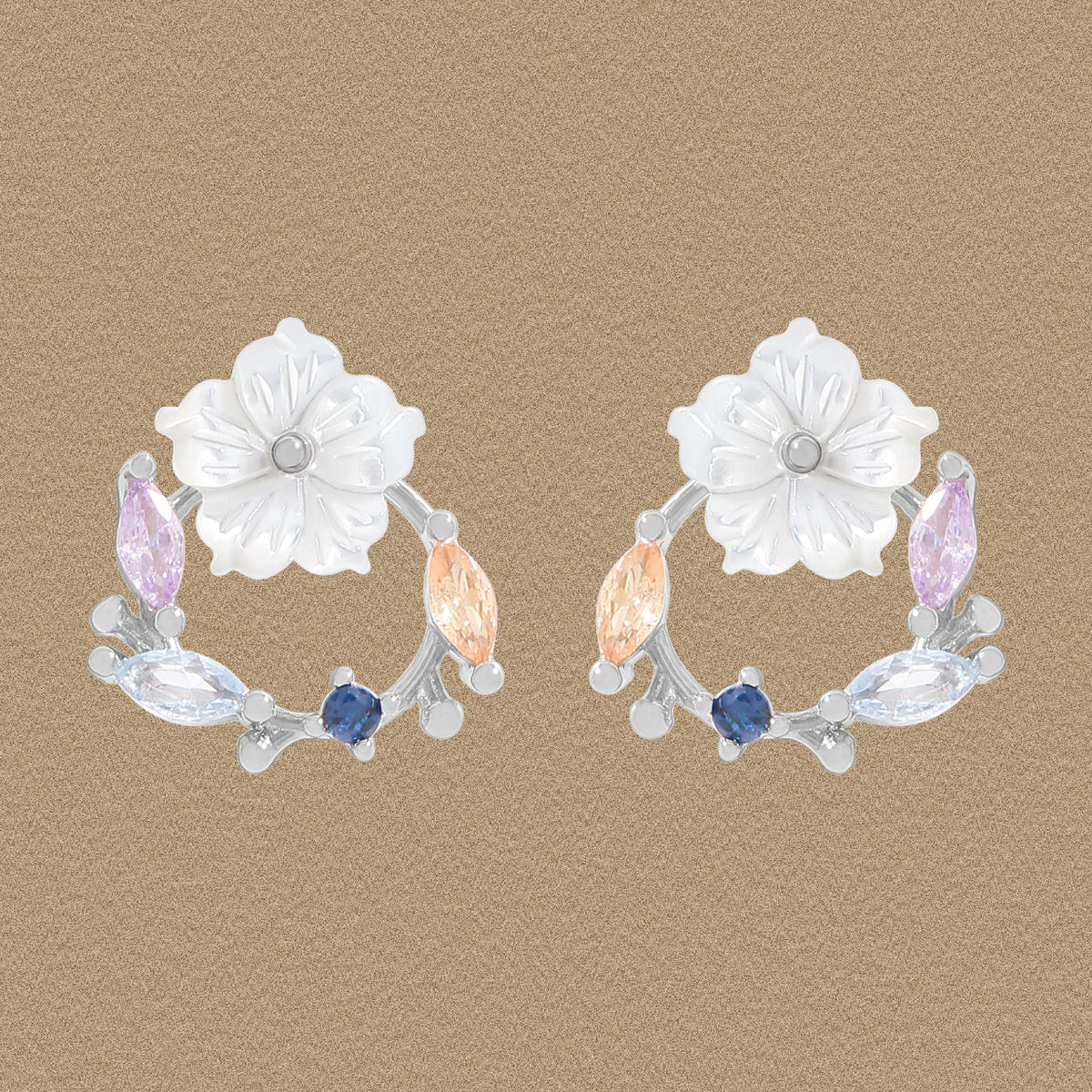Beautiful Shell Flower CZ Garland 925 Sterling Silver Stud Earrings
